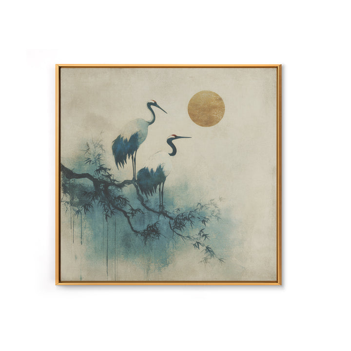 Crane and Moon Composition Framed Canvas Print, Asian Inspired Art, Japanese Art Print, Living Room Decor, Abstract Art, ASI-1x1-72