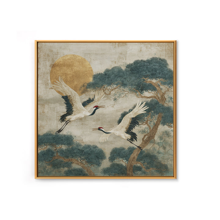Red Crowned Cranes Flying Through Misty Pine Canvas Print, Asian Inspired Art, Art Print, Living Room Decor, Harmony, ASI-1x1-73