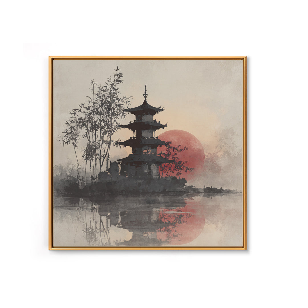 Pagoda Silhouette at Sunset Framed Canvas Print, Asian Inspired Art, Statement Artwork, Living Room Decor, Fine Art, Harmony, ASI-1x1-83