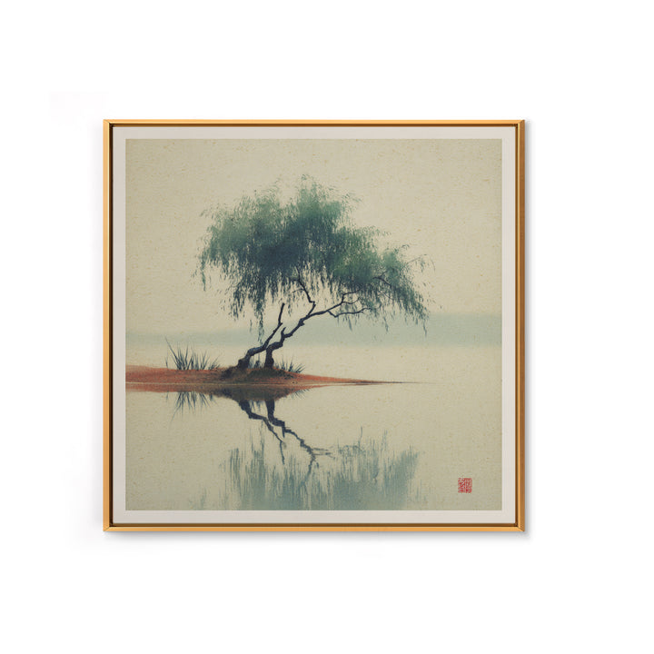 Willow Tree over a Reflective Pond Canvas Print, Asian Inspired Art, Spiritual Wall Art, Living Room Decor, Fine Art, Harmony, ASI-1x1-90
