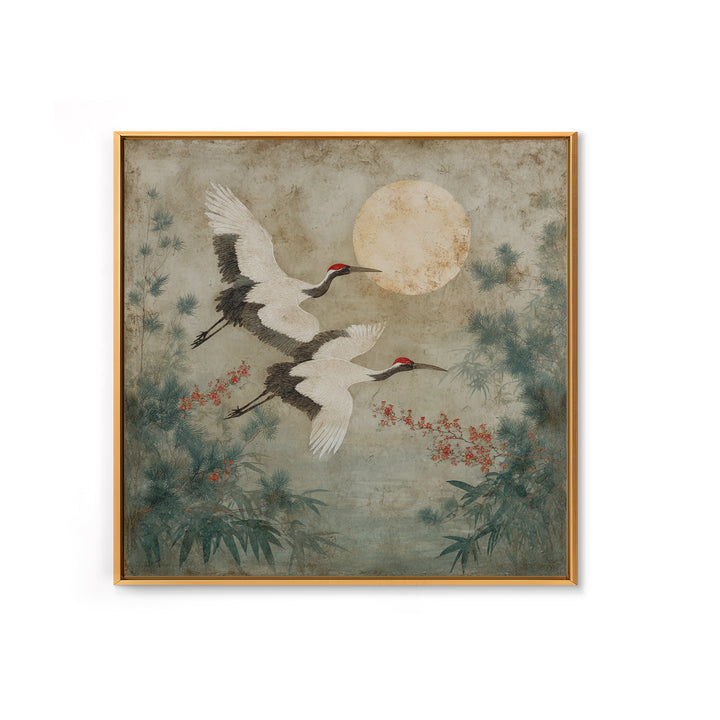 Red Crowned Cranes Flying Through Misty Pine Canvas Print, Asian Inspired Art, Wall Art, Living Room Decor, Oil Painting, ASI-1x1-97