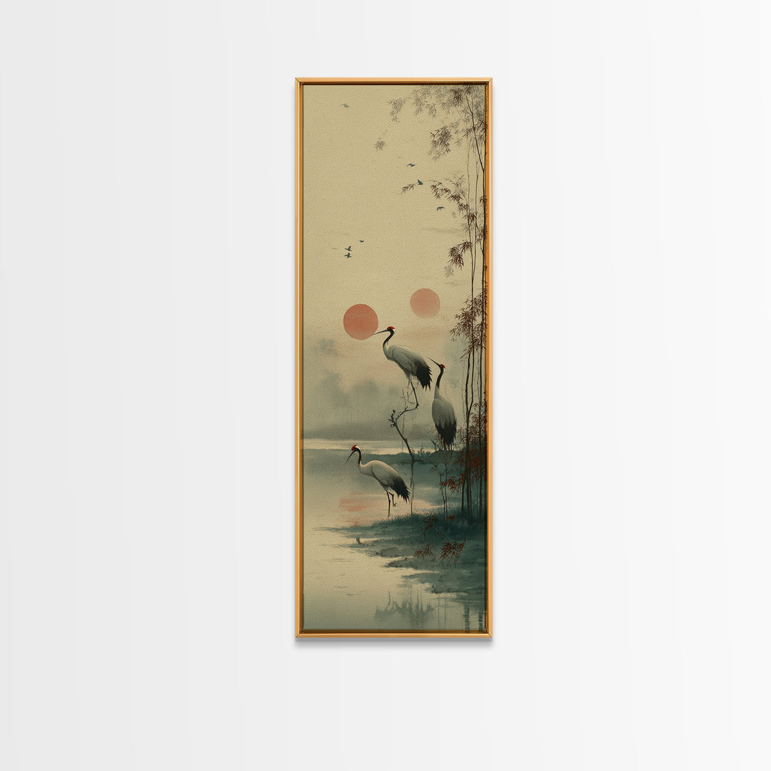 Crane and Moon Composition Canvas Print, Asian Inspired Art, Boho Decor, Living Room Decor, Oil Painting, Harmony, Digital Art, ASI-1x3-12