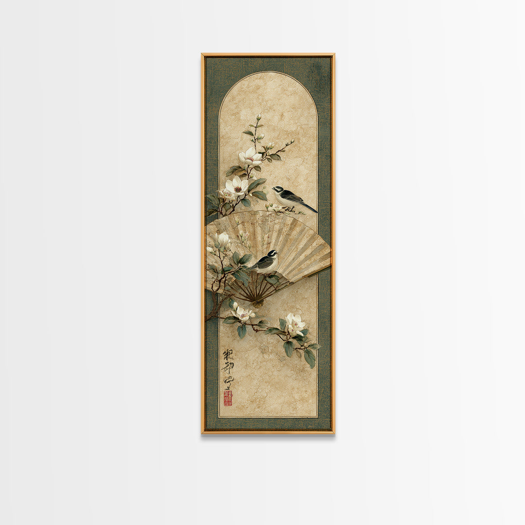 Fan Shaped Composition of Blossoms and Birds Canvas Print, Asian Inspired Art, Modern Decor, Living Room Decor, Harmony, ASI-1x3-29