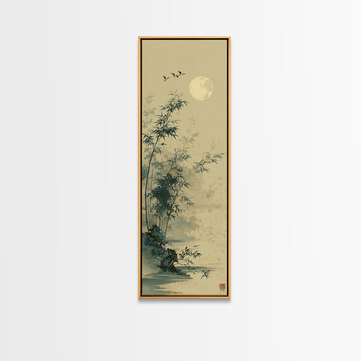 Crane and Moon Composition Canvas Print, Asian Inspired Art, Living Room Decor, Abstract Art, Harmony, Farmhouse Wall Art, ASI-1x3-60