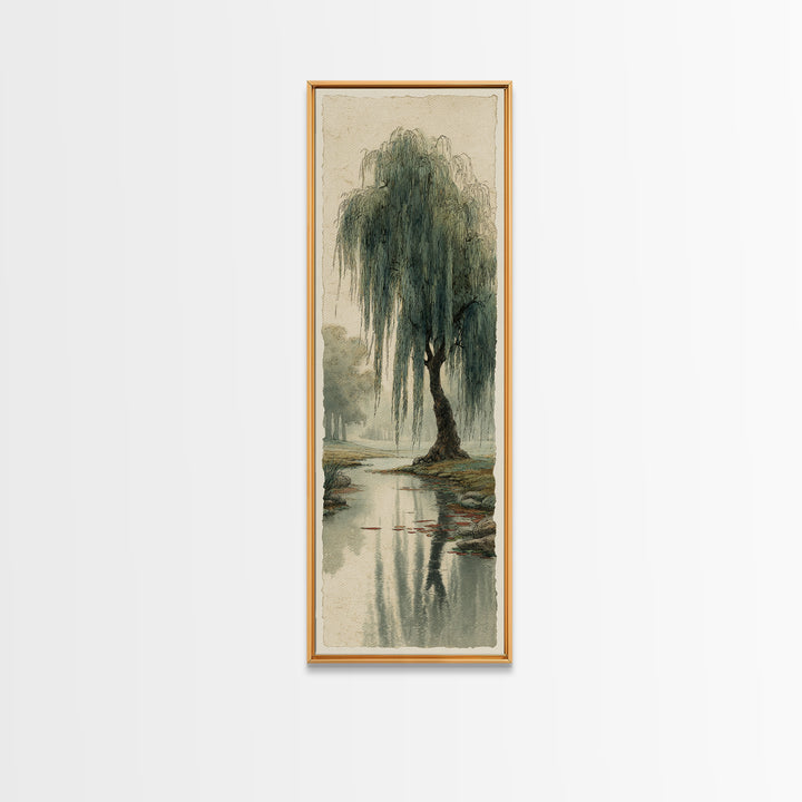 Willow Tree over a Reflective Pond Canvas Print, Asian Inspired Art, Asian Wall Art, Living Room Decor, Fine Art, Harmony, ASI-1x3-78