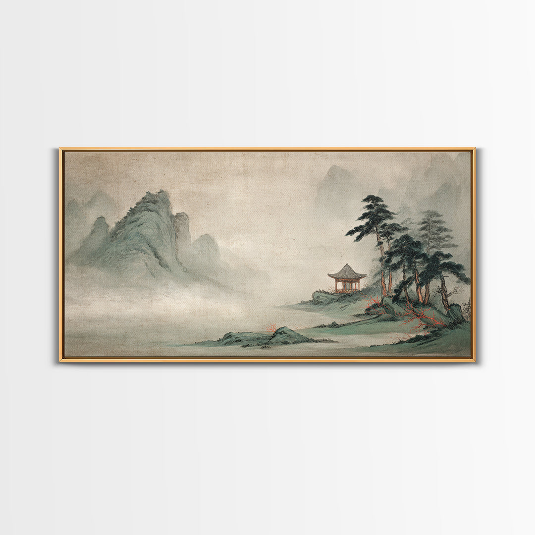 Chinese Mountain Scroll Landscape Framed Canvas Print, Asian Inspired Art, Floral Art, Living Room Decor, Oil Painting, Harmony, ASI-2x1-100