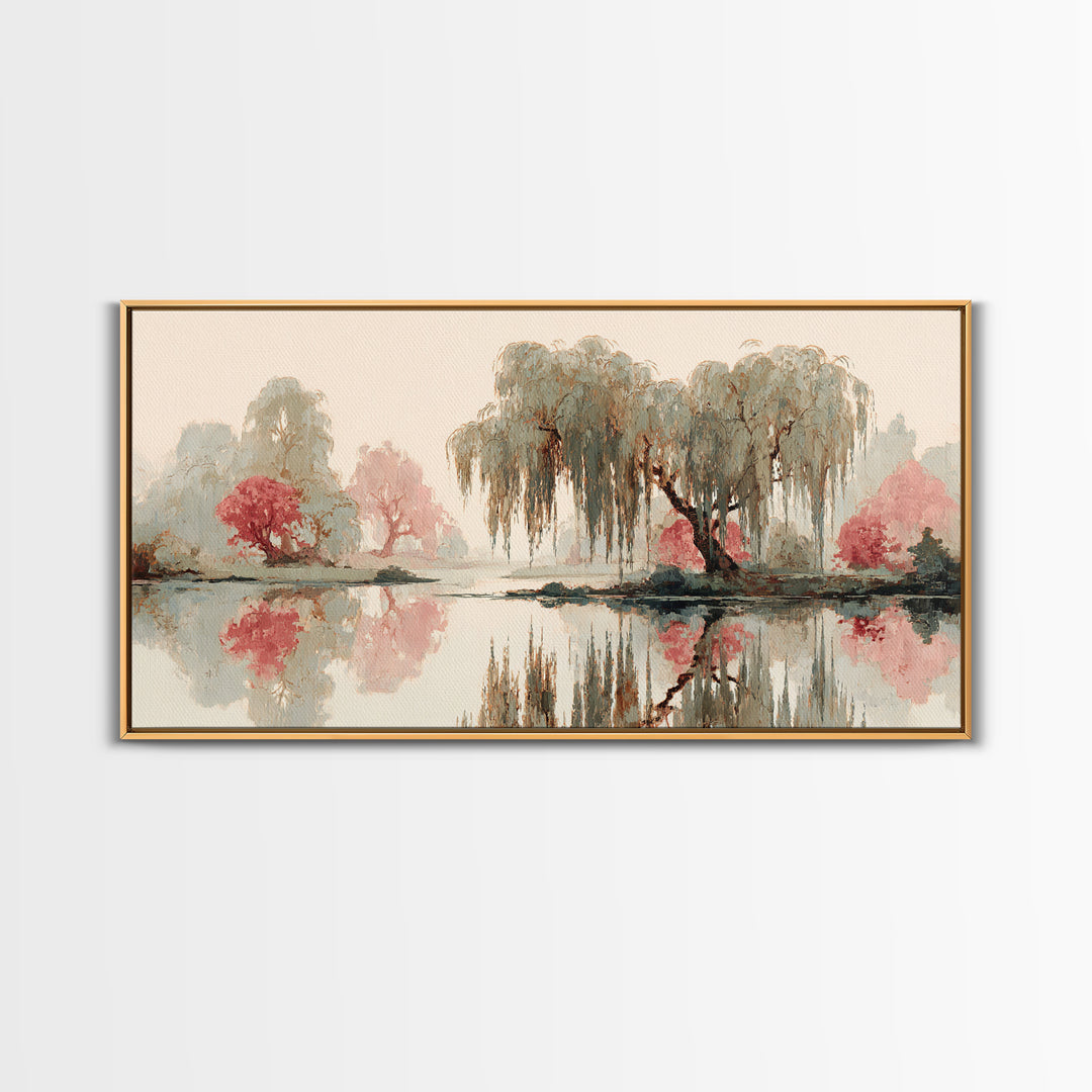 Willow Tree over a Reflective Pond Framed Canvas Print, Asian Inspired Art, Fine Art Print, Living Room Decor, Watercolor Art, ASI-2x1-14