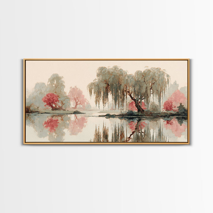Willow Tree over a Reflective Pond Framed Canvas Print, Asian Inspired Art, Fine Art Print, Living Room Decor, Watercolor Art, ASI-2x1-14