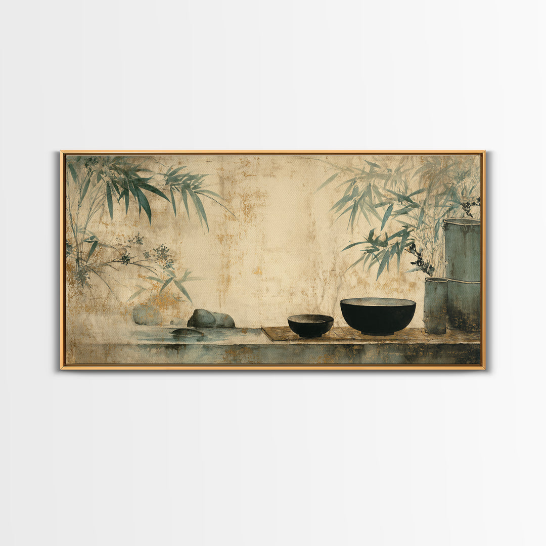 Tea Bowl and Steam Still Life on Framed Canvas Print, Asian Inspired Art, Living Room Decor, Oil Painting, Harmony, ASI-2x1-35