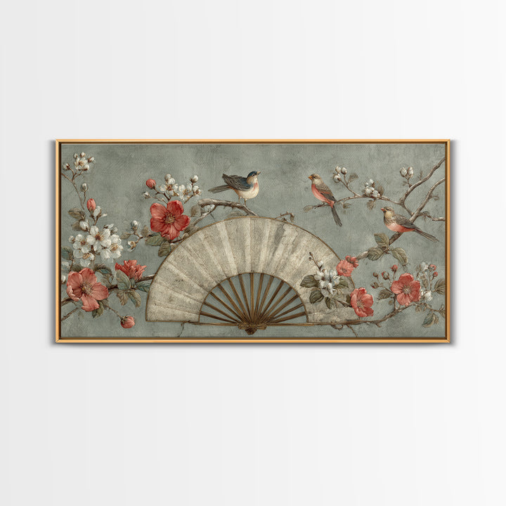 Fan Shaped Composition of Blossoms and Birds Canvas Print, Asian Inspired Art, Minimalist Decor, Living Room Decor, Harmony, ASI-2x1-37