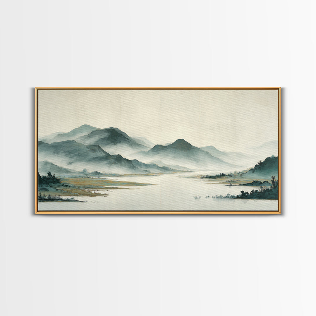 Japanese Ink Landscape Canvas Print, Asian Inspired Art, Wall Decor, Living Room Decor, Fine Art, Harmony, Farmhouse Wall Art, ASI-2x1-48