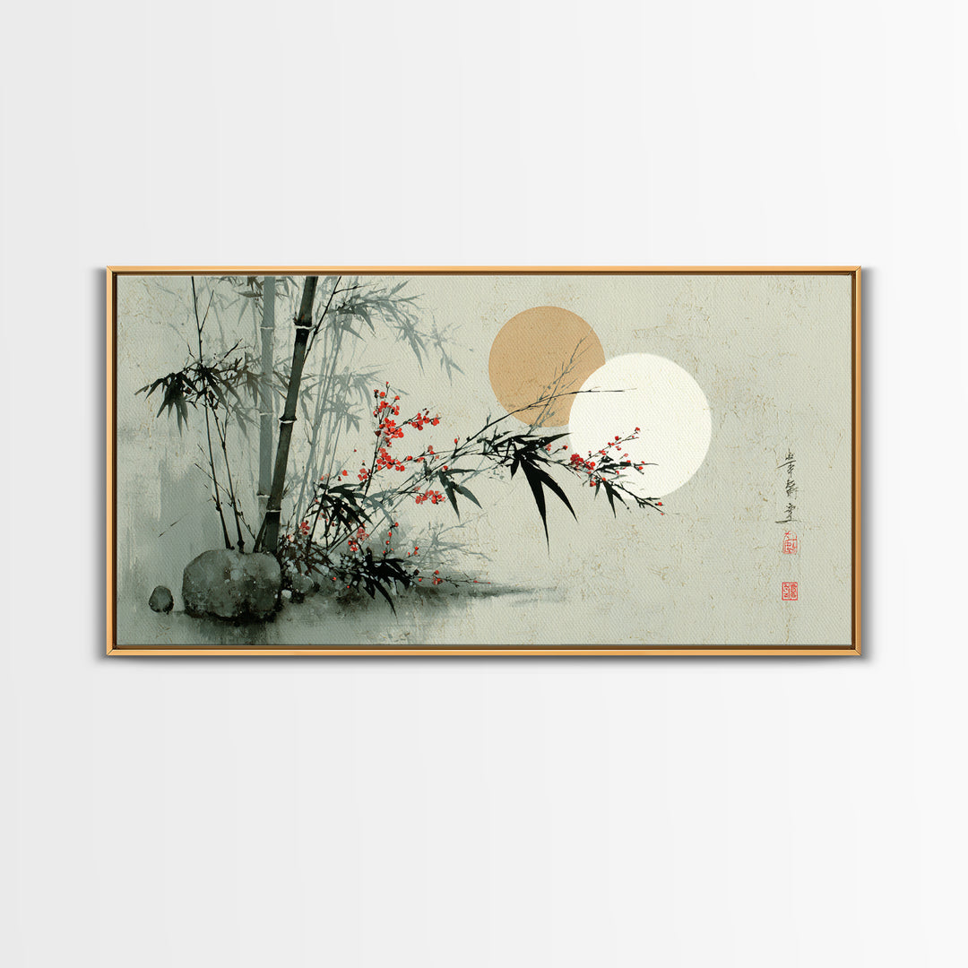 Golden Moon Behind Bamboo Silhouettes Canvas Print, Asian Inspired Art, Art Nouveau, Living Room Decor, Fine Art, Harmony, ASI-2x1-49