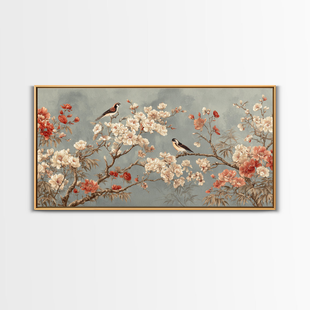 Fan Shaped Composition of Blossoms and Birds Canvas Print, Asian Inspired Art, Digital Art, Living Room Decor, Abstract Art, ASI-2x1-61