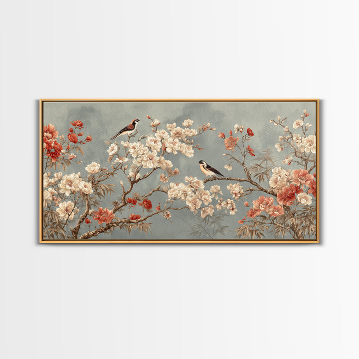 Fan Shaped Composition of Blossoms and Birds Canvas Print, Asian Inspired Art, Digital Art, Living Room Decor, Abstract Art, ASI-2x1-61