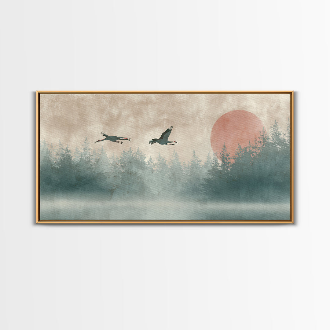 Crane and Moon Composition Canvas Print, Asian Inspired Art, Printable Art, Living Room Decor, Watercolor Art, Harmony, ASI-2x1-68