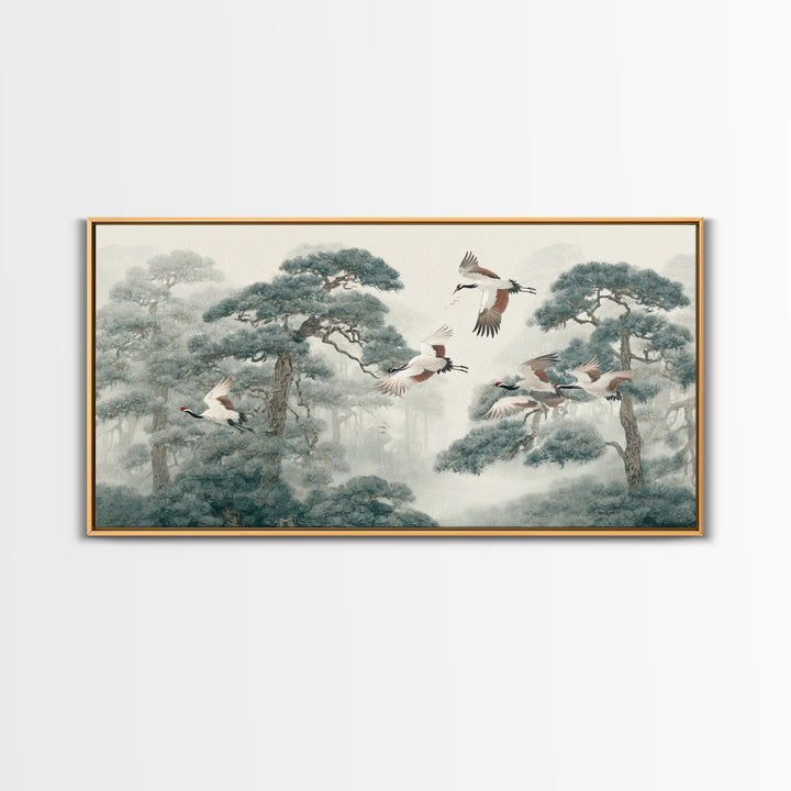 Red Crowned Cranes Flying Through Misty Pine Canvas Print, Asian Inspired Art, Japanese Art, Living Room Decor, Harmony, ASI-2x1-69