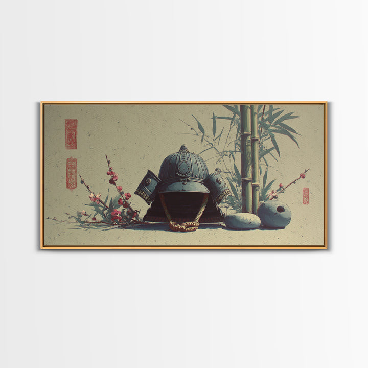Samurai Helmet Still Life Framed Canvas Print, Asian Inspired Art, Boho Decor, Living Room Decor, Harmony, Digital Art, ASI-2x1-75