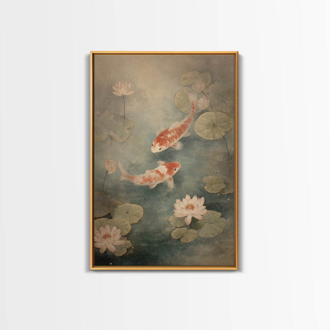 Koi Fish Circling Beneath Floating Lotus Blossoms Canvas Print, Asian Inspired Art, Luxury Decor, Living Room Decor, Harmony, ASI-2x3-10