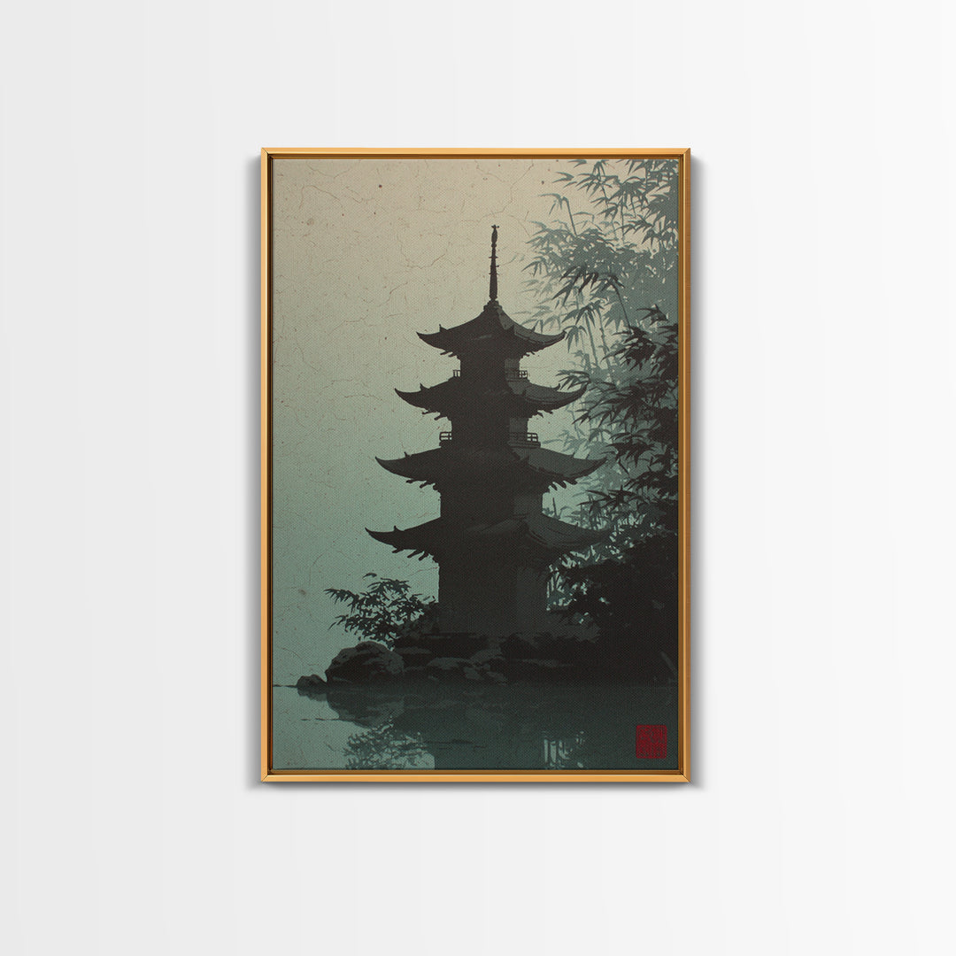 Pagoda Silhouette at Sunset Framed Canvas Print, Asian Inspired Art, Neutral Decor, Living Room Decor, Fine Art, Harmony, ASI-2x3-19