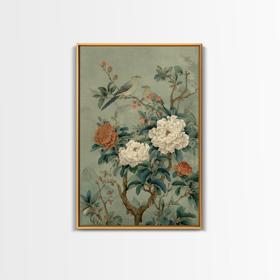 Fan Shaped Composition of Blossoms and Birds Framed Canvas Print, Asian Inspired Art, Wall Art, Living Room Decor, Harmony, ASI-2x3-25