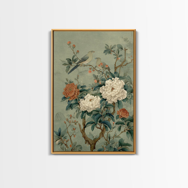 Fan Shaped Composition of Blossoms and Birds Framed Canvas Print, Asian Inspired Art, Wall Art, Living Room Decor, Harmony, ASI-2x3-25