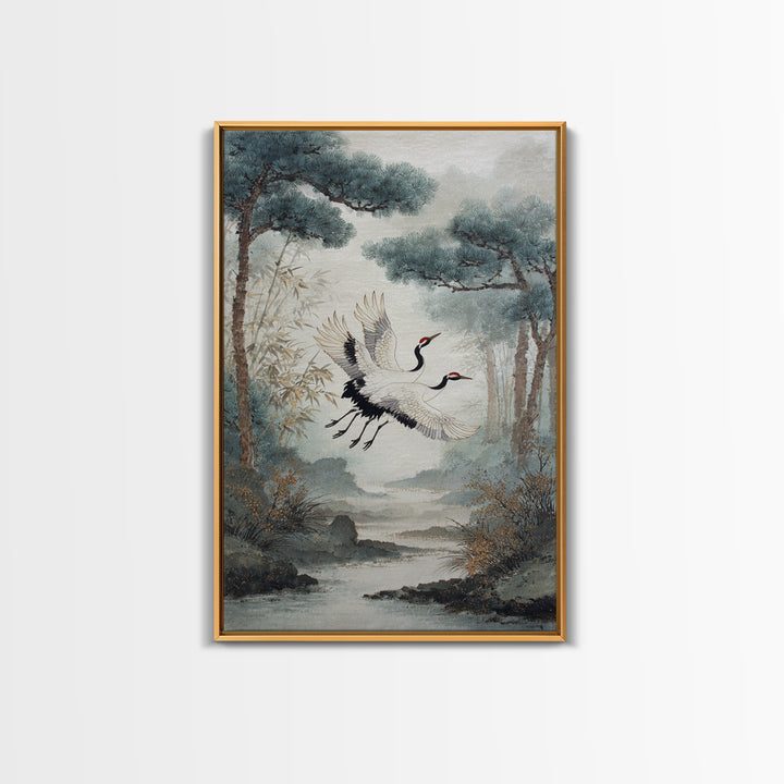 Red Crowned Cranes Flying Through Misty Pine Canvas Print, Asian Inspired Art, Printable Art, Living Room Decor, Harmony, ASI-2x3-33