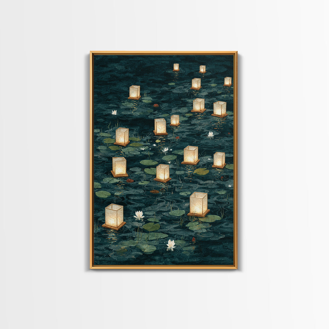 Floating Lanterns over Dark Water with Gentle Canvas Print, Asian Inspired Art, Room Decor, Living Room Decor, Harmony, ASI-2x3-51