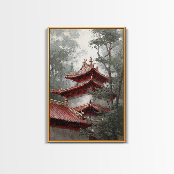 Temple Roof Detail Framed Canvas Print, Asian Inspired Art, Textured Painting, Living Room Decor, Harmony, Unique Wall Art, ASI-2x3-55