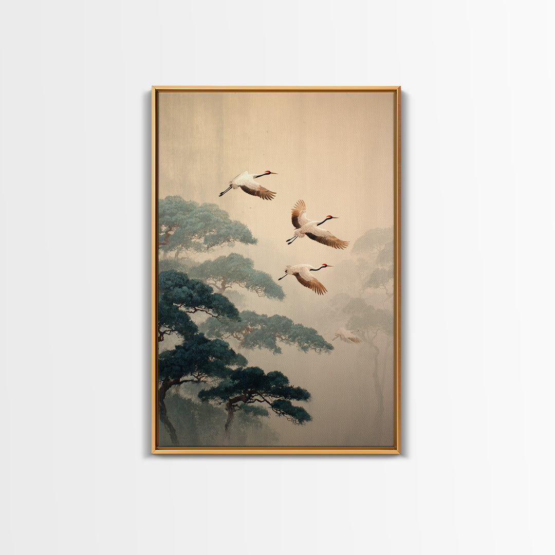 Red Crowned Cranes Flying Through Misty Pine Canvas Print, Asian Inspired Art, Bedroom Wall Decor, Living Room Decor, Harmony, ASI-2x3-57