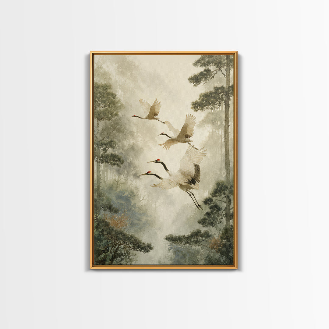 Red Crowned Cranes Flying Through Misty Pine Canvas Print, Asian Inspired Art, Poster, Living Room Decor, Fine Art, Harmony, ASI-2x3-9