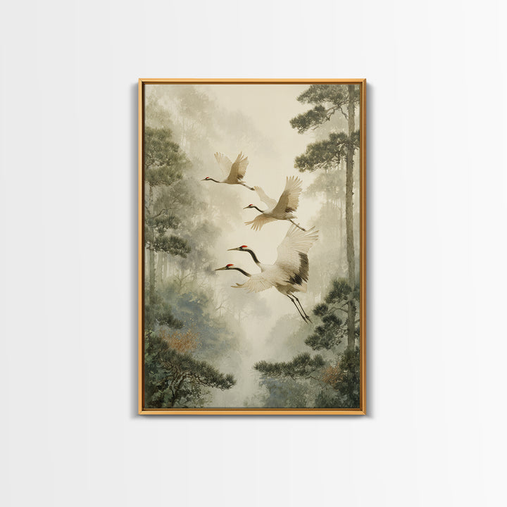 Red Crowned Cranes Flying Through Misty Pine Canvas Print, Asian Inspired Art, Poster, Living Room Decor, Fine Art, Harmony, ASI-2x3-9