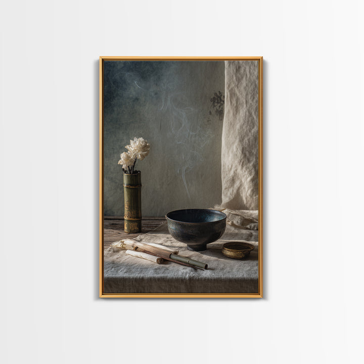 Tea Bowl and Steam Still Life on Canvas Print, Asian Inspired Art, Asian, Living Room Decor, Oil Painting, Harmony, ASI-2x3-95