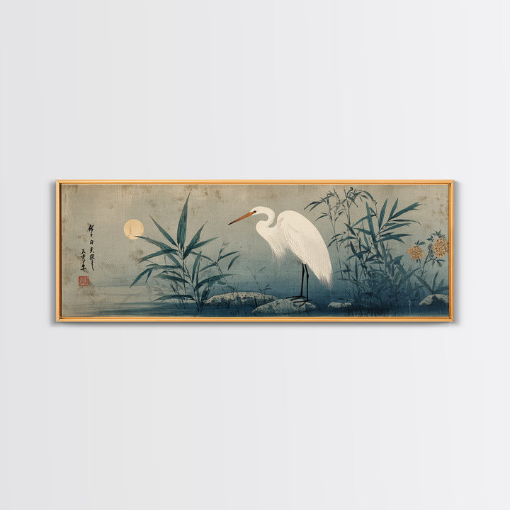 White Heron Standing Framed Canvas Print, Asian Inspired Art, Bedroom Wall Decor, Living Room Decor, Fine Art, Harmony, ASI-3x1-1