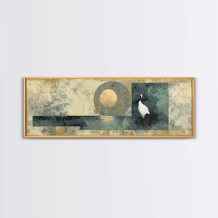 Crane and Moon Composition Canvas Print, Asian Inspired Art, Indian Art, Living Room Decor, Fine Art, Harmony, Neutral Decor, ASI-3x1-16