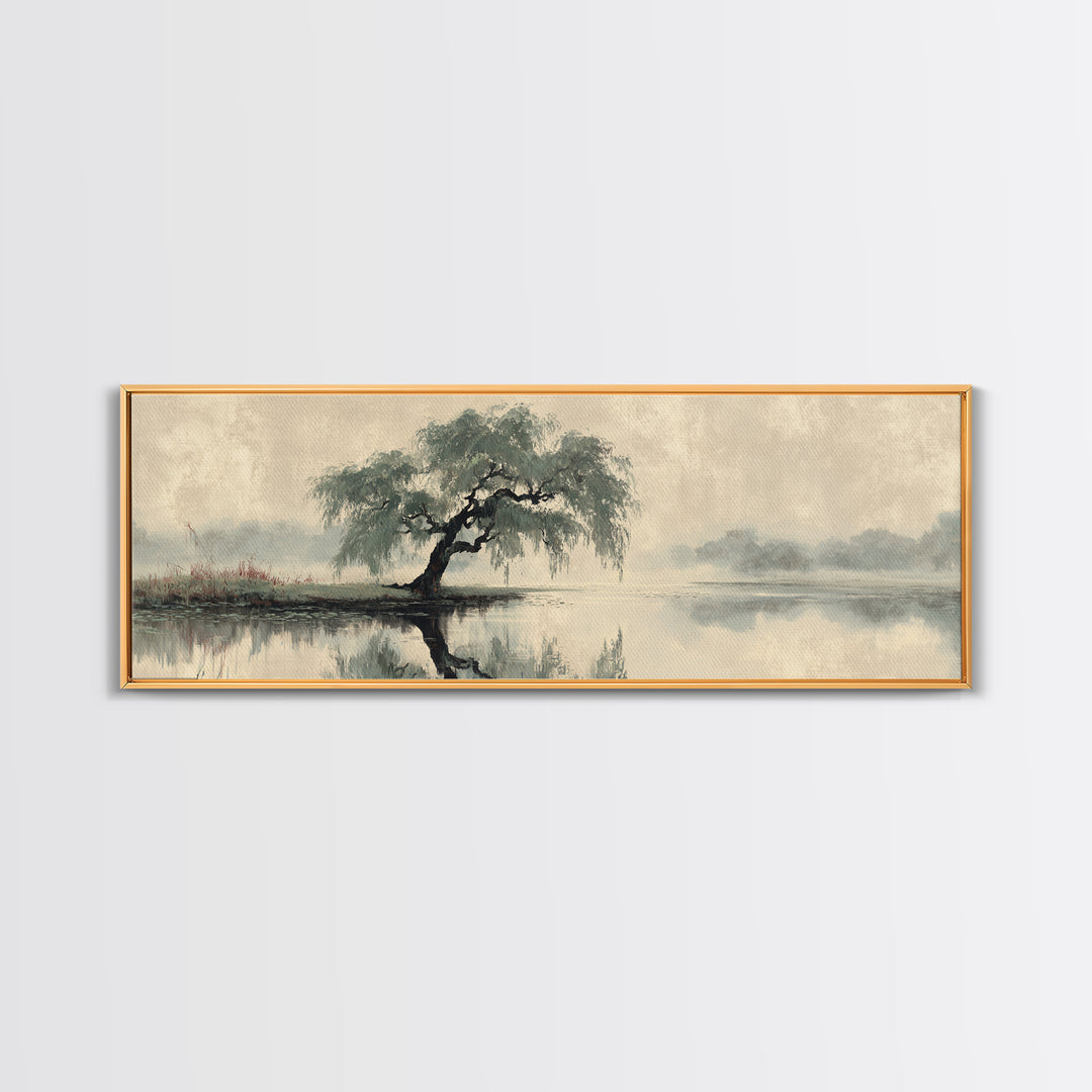 Willow Tree over a Reflective Pond Canvas Print, Asian Inspired Art, Art Nouveau, Living Room Decor, Abstract Art, Harmony, ASI-3x1-34