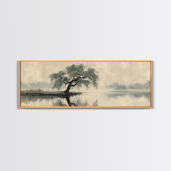 Willow Tree over a Reflective Pond Canvas Print, Asian Inspired Art, Art Nouveau, Living Room Decor, Abstract Art, Harmony, ASI-3x1-34