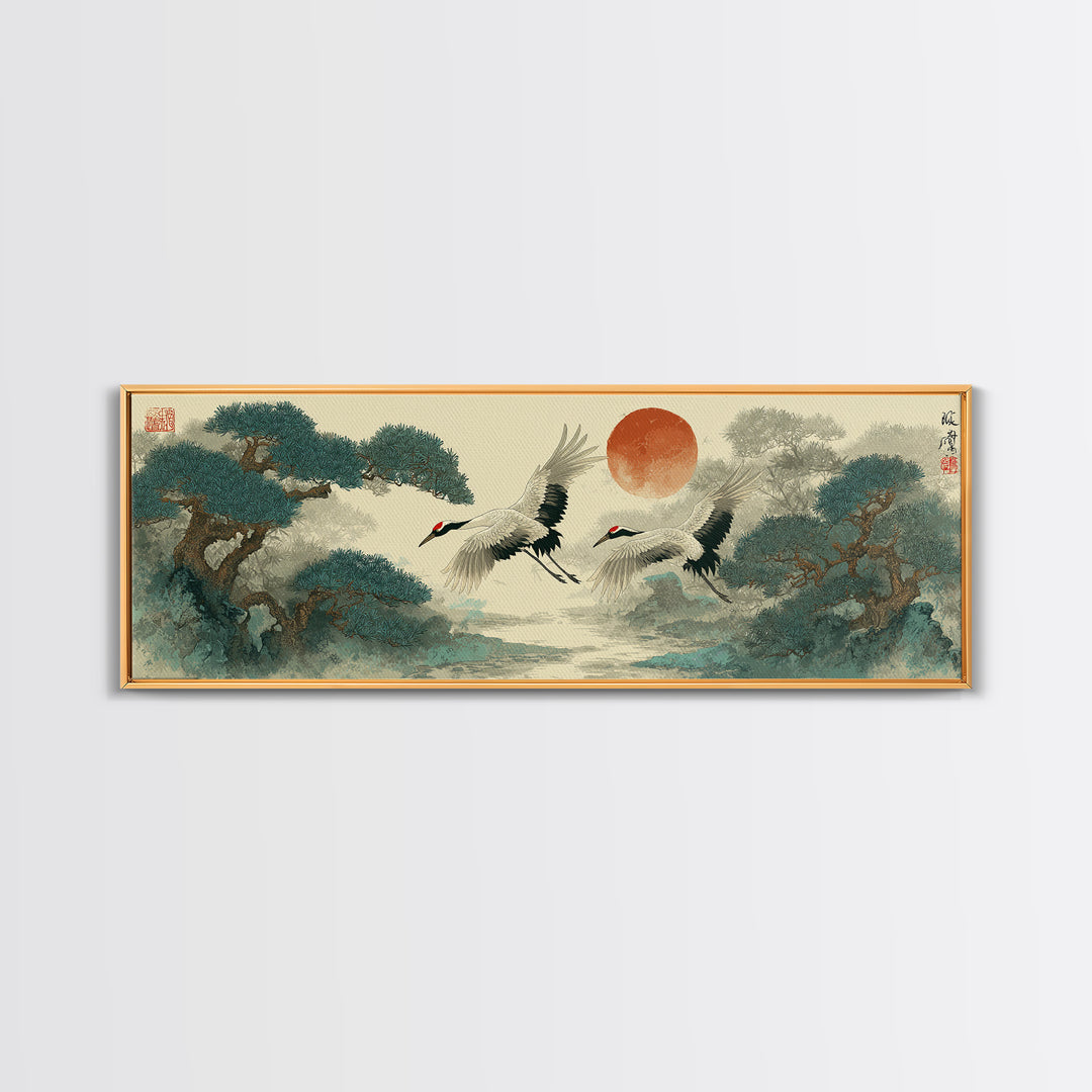 Red Crowned Cranes Flying Through Misty Pine Canvas Print, Asian Inspired Art, Aesthetic Wall Art, Living Room Decor, Harmony, ASI-3x1-41