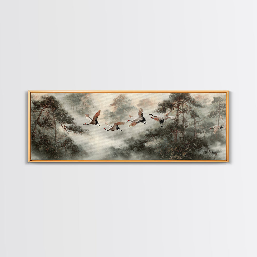 Red Crowned Cranes Flying Through Misty Pine Canvas Print, Asian Inspired Art, Aesthetic Wall Art, Living Room Decor, Harmony, ASI-3x1-65