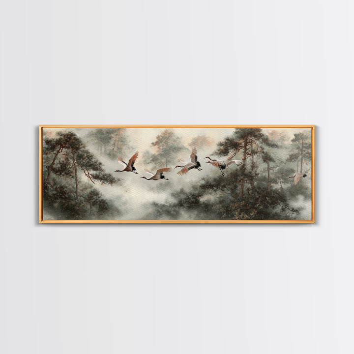 Red Crowned Cranes Flying Through Misty Pine Canvas Print, Asian Inspired Art, Aesthetic Wall Art, Living Room Decor, Harmony, ASI-3x1-65