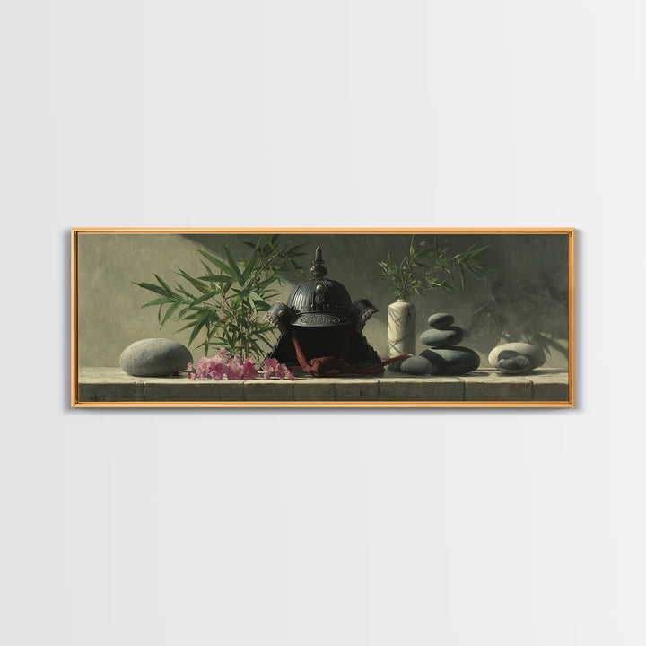 Samurai Helmet Still Life Canvas Print, Asian Inspired Art, Living Room Decor, Fine Art, Harmony, Floral Art, Botanical Print, ASI-3x1-71