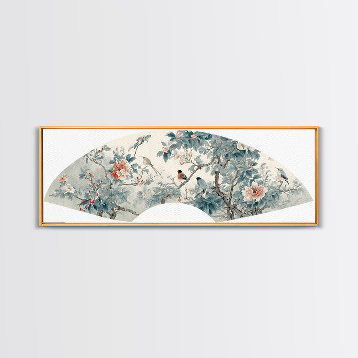 Fan Shaped Composition of Blossoms and Birds Canvas Print, Asian Inspired Art, Floral Art, Living Room Decor, Harmony, ASI-3x1-81