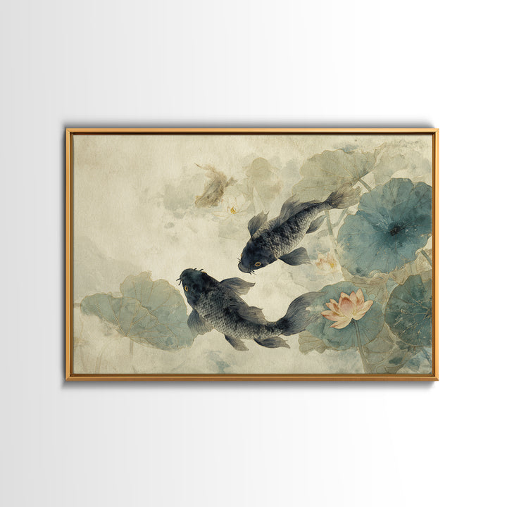Koi Fish Circling Beneath Floating Lotus Blossoms Canvas Print, Asian Inspired Art, Digital Download Art, Living Room Decor, ASI-3x2-30