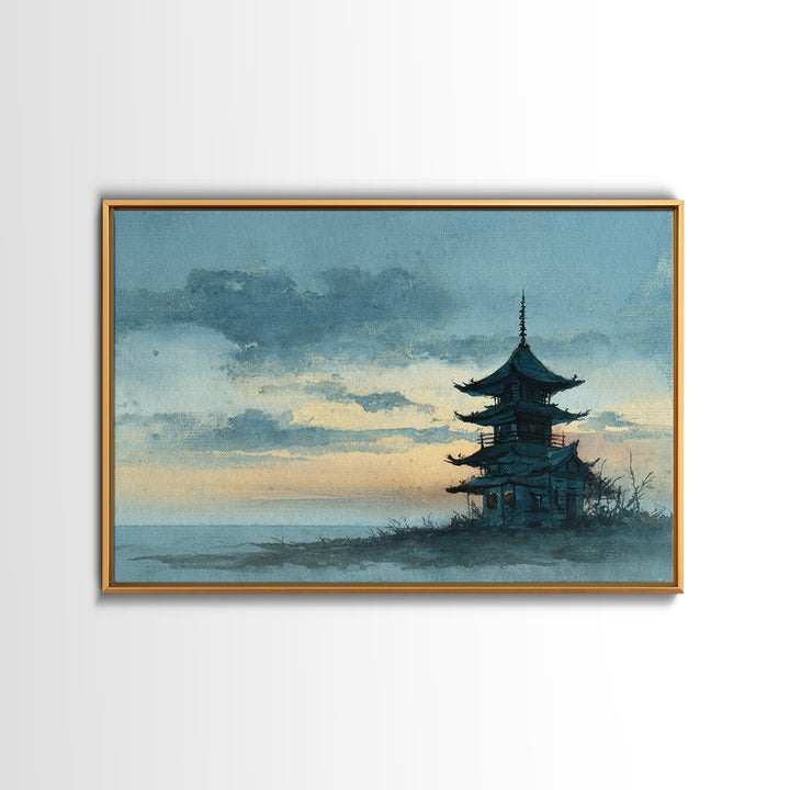 Pagoda Silhouette at Sunset Framed Canvas Print, Asian Inspired Art, Neutral Decor, Living Room Decor, Fine Art, Harmony, ASI-3x2-39