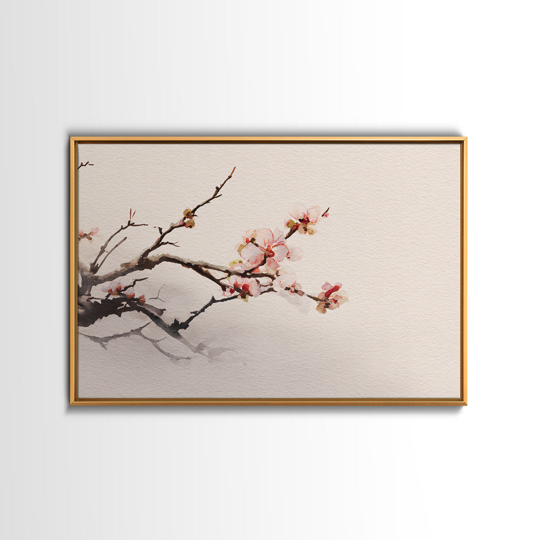 Plum Blossom Branch Painted Framed Canvas Print, Asian Inspired Art, Indian Art, Living Room Decor, Watercolor Art, Harmony, ASI-3x2-40