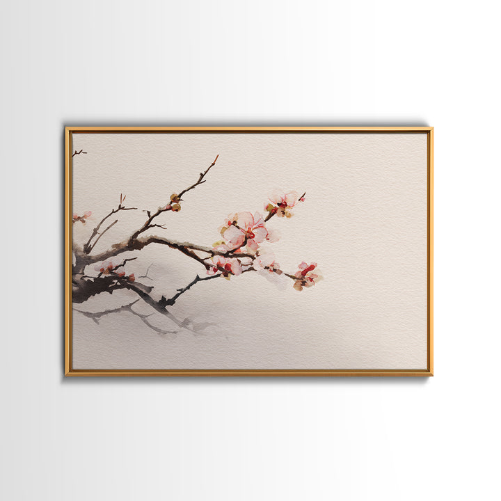Plum Blossom Branch Painted Framed Canvas Print, Asian Inspired Art, Indian Art, Living Room Decor, Watercolor Art, Harmony, ASI-3x2-40