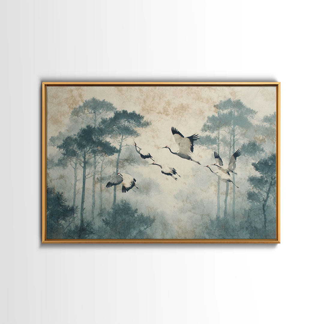 Red Crowned Cranes Flying Through Misty Pine Framed Canvas Print, Asian Inspired Art, Indian Art, Living Room Decor, Harmony, ASI-3x2-5