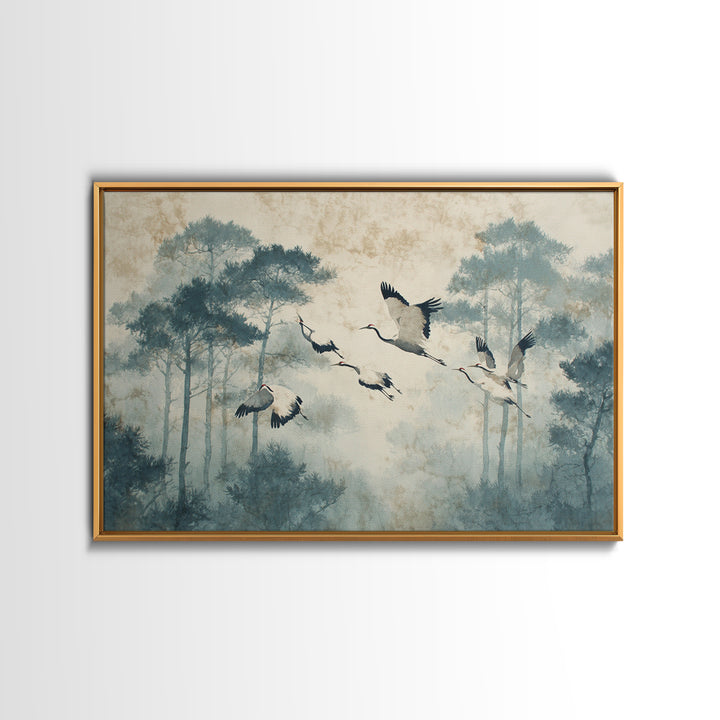 Red Crowned Cranes Flying Through Misty Pine Framed Canvas Print, Asian Inspired Art, Indian Art, Living Room Decor, Harmony, ASI-3x2-5