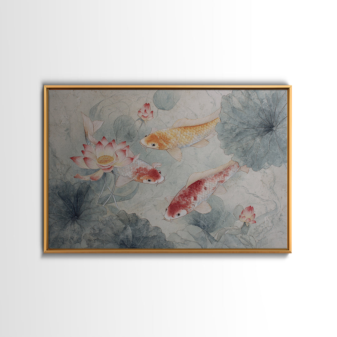 Koi Fish Circling Beneath Floating Lotus Blossoms Canvas Print, Asian Inspired Art, Digital Download Art, Living Room Decor, ASI-3x2-54