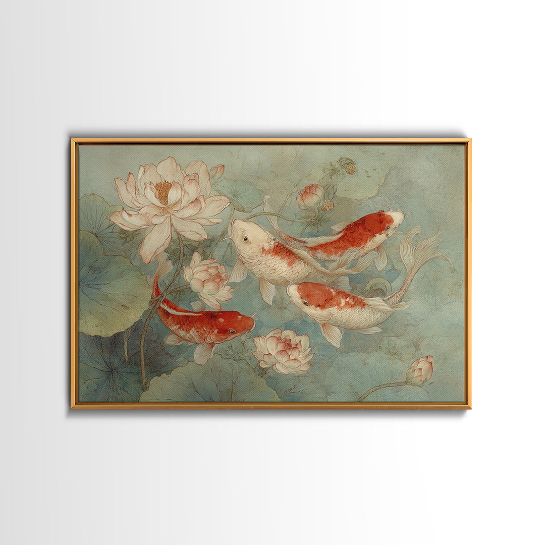Koi Fish Circling Beneath Floating Lotus Blossoms Canvas Print, Asian Inspired Art, Botanical Print, Living Room Decor, Harmony, ASI-3x2-78
