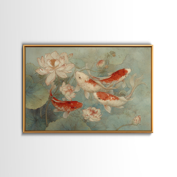 Koi Fish Circling Beneath Floating Lotus Blossoms Canvas Print, Asian Inspired Art, Botanical Print, Living Room Decor, Harmony, ASI-3x2-78